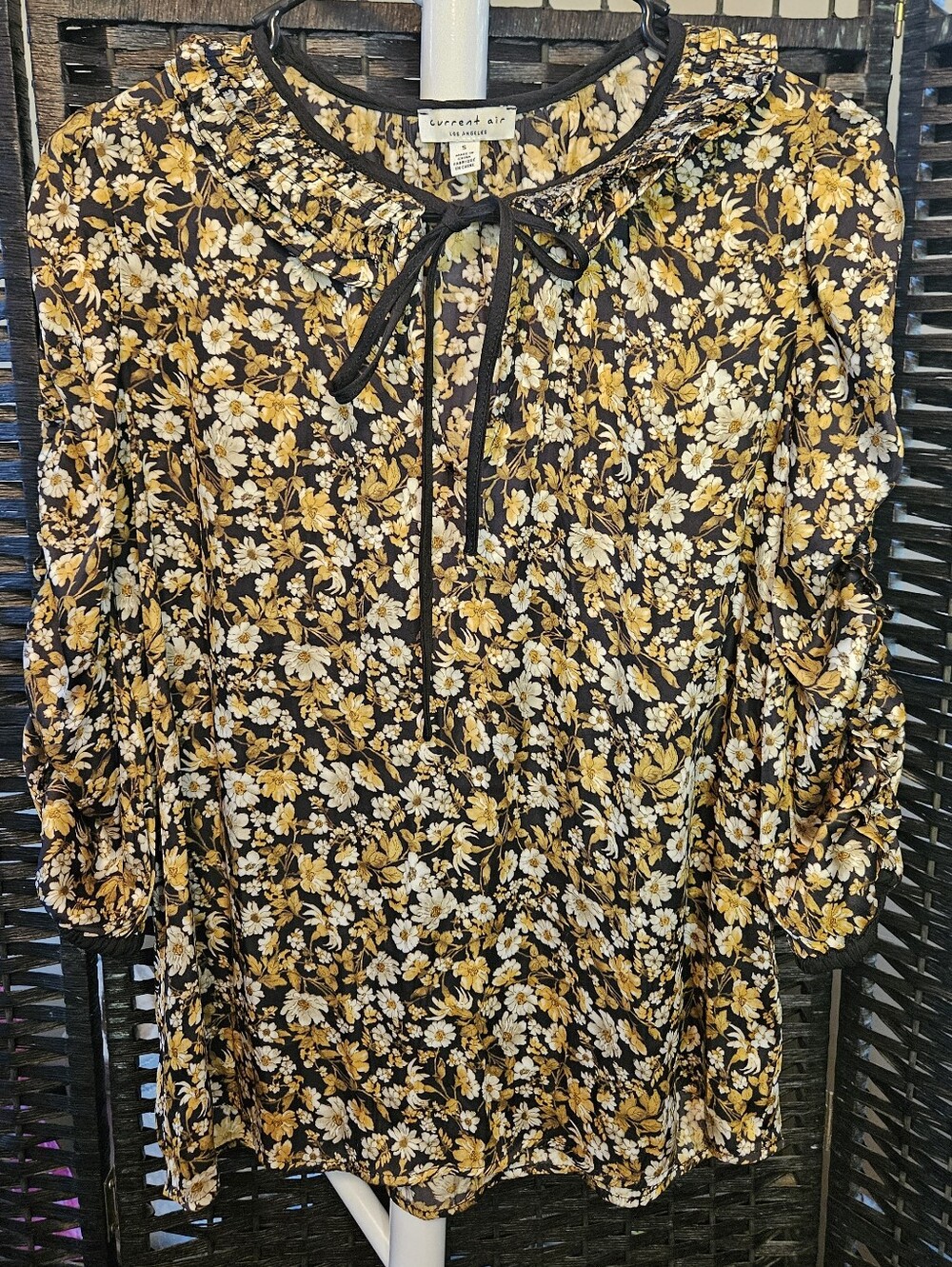 Current Air Black Floral Tie-Neck Blouse with Mustard & Cream Flowers